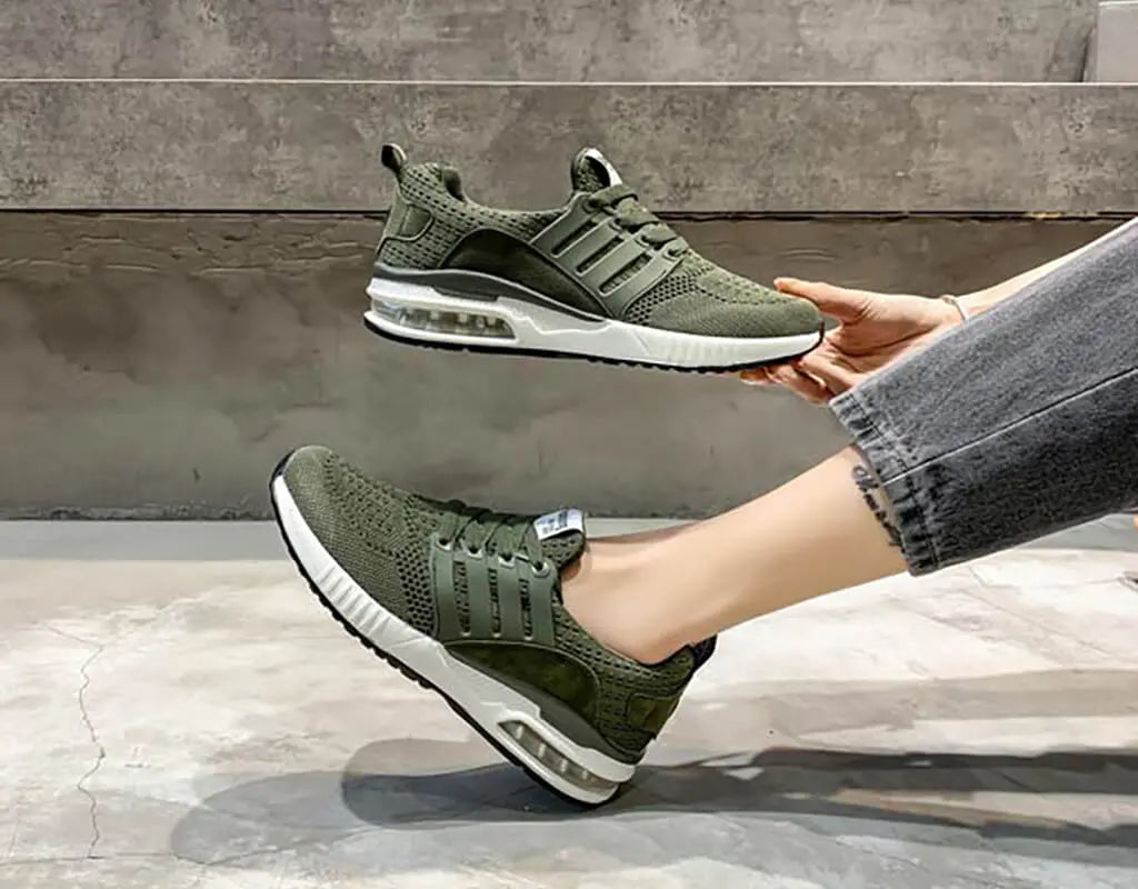 Fashionabla, snygga, sportskor, löparskor, sneakers för vardagsbruk, ventilerande design, luftkuddar, hälstöd, elastisk förslutning, lätt att ta på. gröna träningsskor