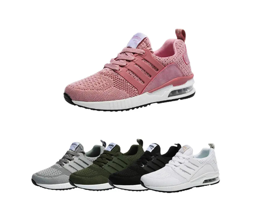 Moderiktiga, snygga, sportskor, löparskor, vardagssneakers, andningsaktiv design, luftkuddar, hälstöd, elastisk förslutning, lätta att ta på. Vita, svarta, rosa, arméfärgade, grå träningsskor