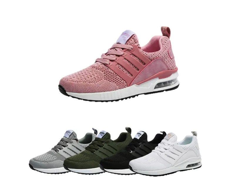 Moderiktiga, snygga, sportskor, löparskor, vardagssneakers, andningsaktiv design, luftkuddar, hälstöd, elastisk förslutning, lätta att ta på. Vita, svarta, rosa, arméfärgade, grå träningsskor