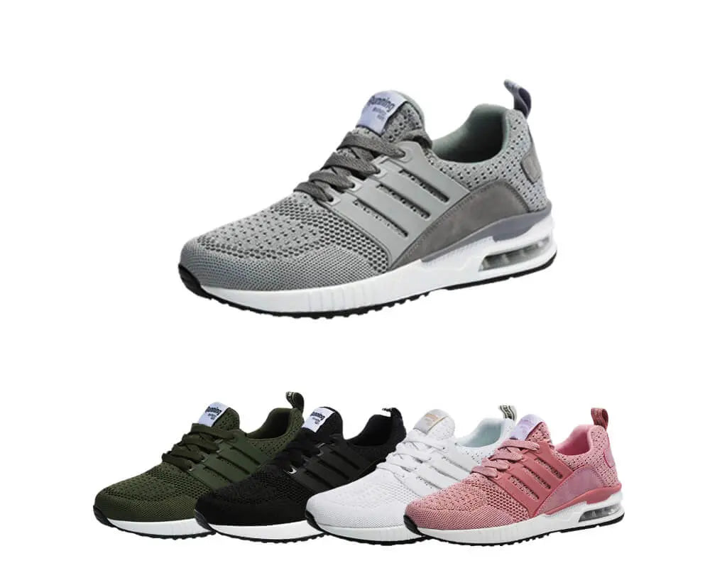 Moderiktiga, snygga, sportskor, löparskor, vardagssneakers, andningsaktiv design, luftkuddar, hälstöd, elastisk förslutning, lätta att ta på. Vita, svarta, rosa, arméfärgade, grå träningsskor