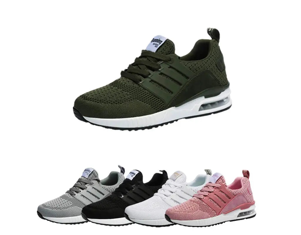 Moderiktiga, snygga, sportskor, löparskor, vardagssneakers, andningsaktiv design, luftkuddar, hälstöd, elastisk förslutning, lätta att ta på. Vita, svarta, rosa, arméfärgade, grå träningsskor