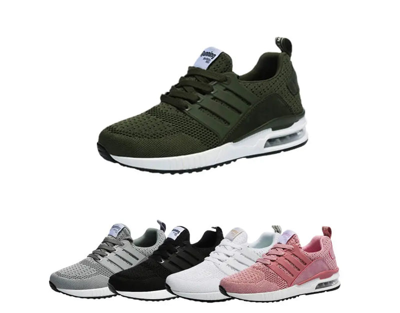 Moderiktiga, snygga, sportskor, löparskor, vardagssneakers, andningsaktiv design, luftkuddar, hälstöd, elastisk förslutning, lätta att ta på. Vita, svarta, rosa, arméfärgade, grå träningsskor